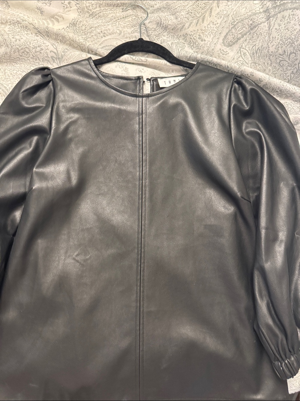 THML Black Faux Leather Puff Sleeve Blouse